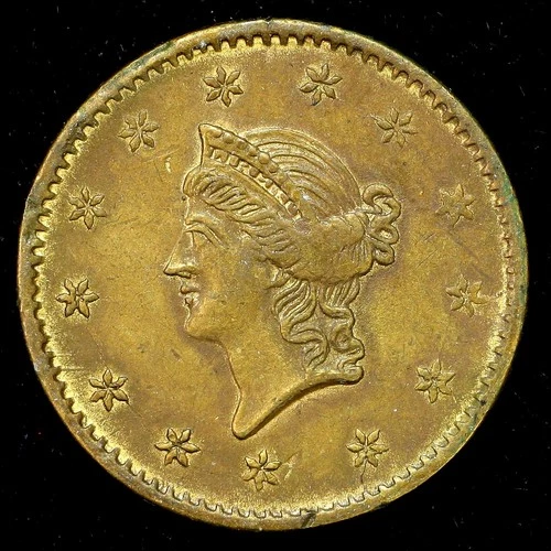 Contemporary(?) Bogus 1854 Liberty Small $1 Gold Struck Coin Brass 13mm