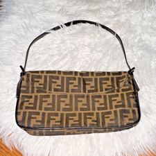 Fendi Zucca Shoulder Bag Brown Black Logo Mini Baguette Canvas Leather Strap