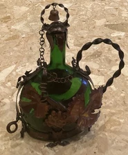 Vintage Metal Encased Wine Bottle w/ Iron Handle Green Glass Ornate With Cork