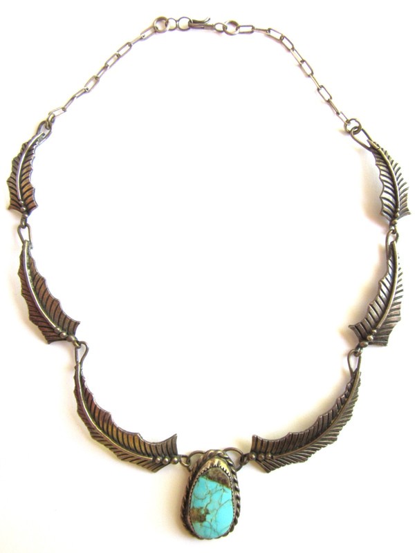 Old Handmade Turquoise Necklace Sterling Silver Feather Choker length