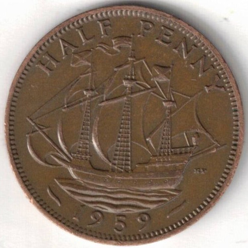 1959 Great Britain Circulated Half Penny Elizabeth II & The Golden Hind Coin!
