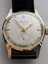 Vintage Mid Century Lord Elgin 14K Gold 28mm Sub Second Dial Watch Reptile Band