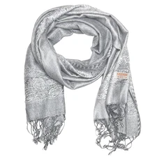 Large Double Layered Pashmina Shawl with Border Pattern in Silver Grey