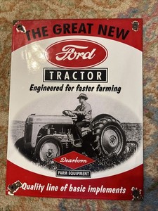 Vintage Ford Tractor Dearborn Farm Equipment Porcelain Sign 12” X 9”