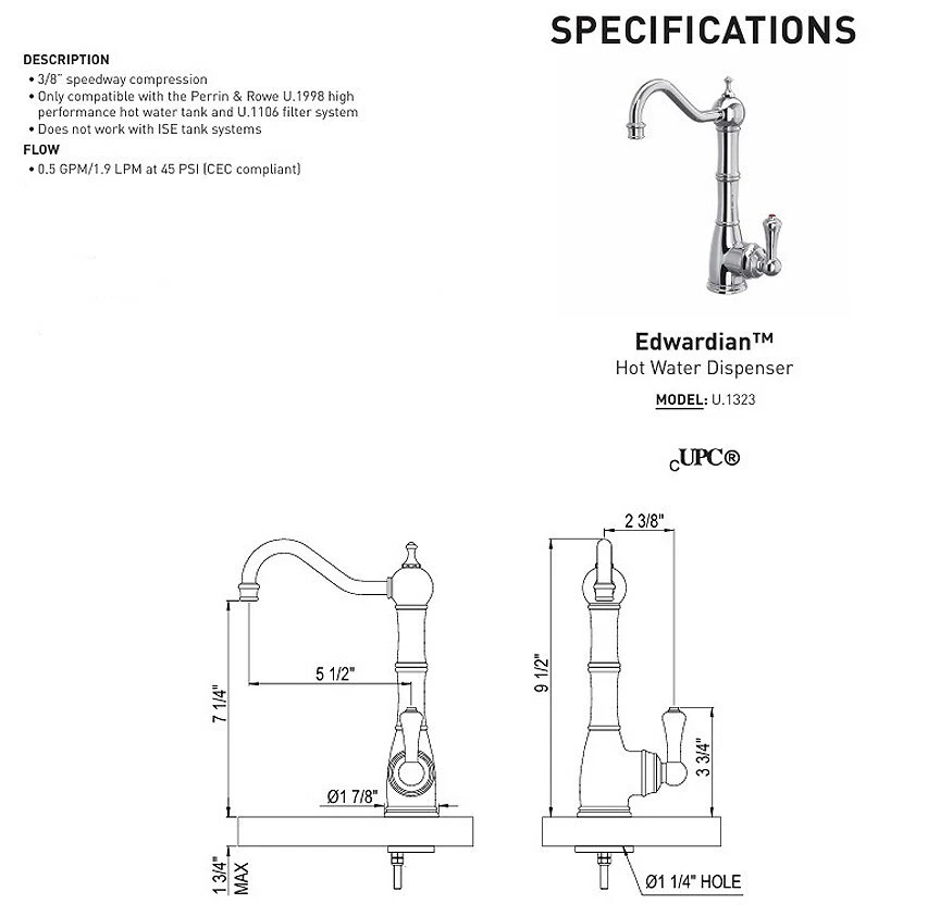 Perrin and Rowe Edwardian Column Spout Hot Water Faucet - Polished Nickel