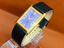 Vintage Seiko Slim Quartz Tank Purple & Golden Dial Leather Band Wrist Watch