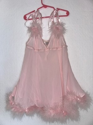 rare 09  Victoria s Secret pink marabou fur feather babydoll top