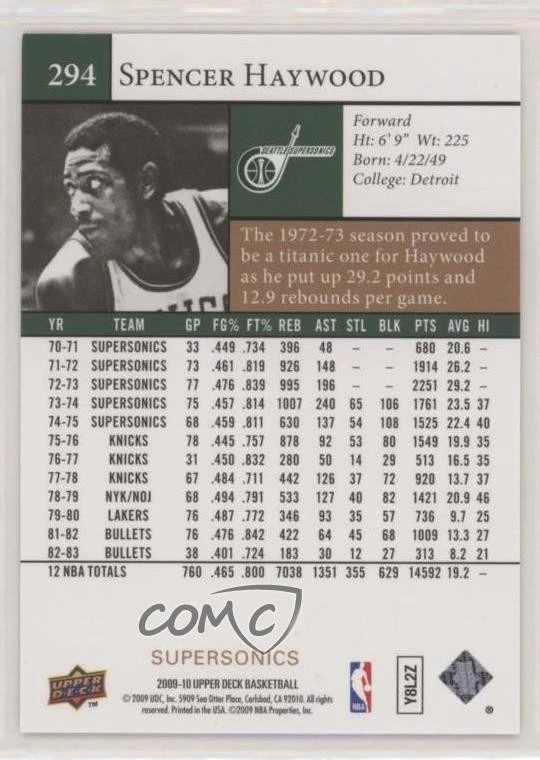 2009-10 Upper Deck Immortals Spencer Haywood #294 HOF - Image 2 of 2