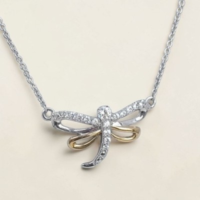 Sterling Silver 925 Two Tone Dragonfly Pendant Necklace Rhinestone Crystal 16''