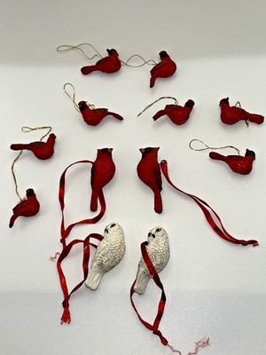 Lot of 12 Red Bird Cardinal Bird and Owl Christmas Ornaments Resin Hanging Mini