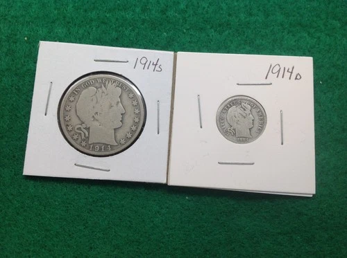 SILVER - 1914S BARBER HALF DOLLAR "992,000 MINTAGE-FAINT LTY"/ 1914D BARBAR DIME