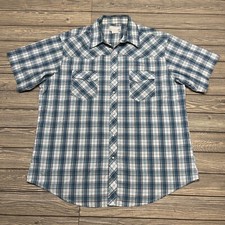 Vintage Wrangler Pearl Snap Button Shirt Short Sleeve Blue Plaid Men Sz XL