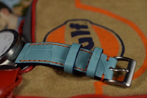 UHRENARMBAND ECHT ALLIGATOR BELLY HELL BLAU RACING GULF ORANGE HANDMADE MA STRAP - Picture 10 of 12