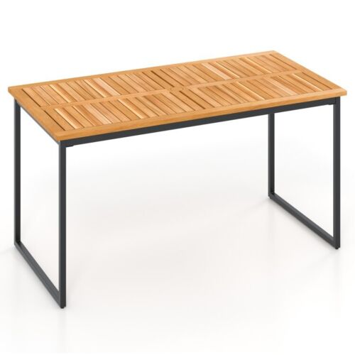 6-People Outdoor Patio Dining Table W/ Wooden Slatted Table & 2" Umbrella Hole - Picture 3 of 13