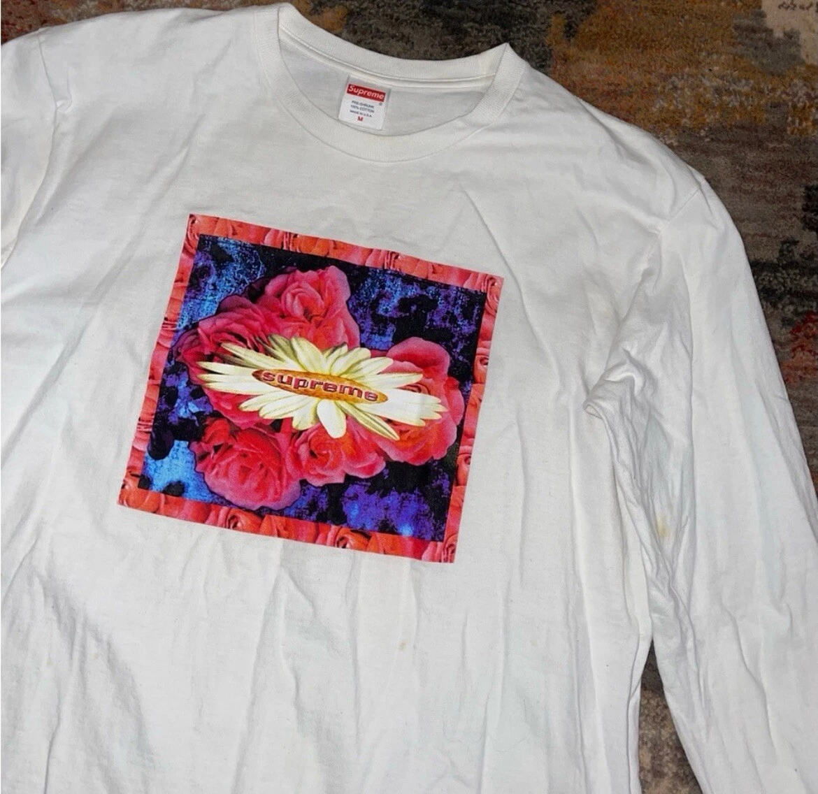 Supreme F/W 17 Blanc Fleur Floral Graphique Manches Longues Pré Rétréci Tshirt M Unisexe