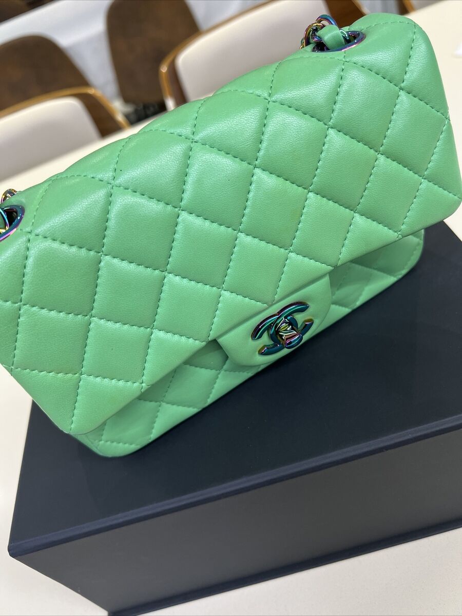 Chanel Mini Rectangular Green Lambskin Rainbow Hardware 2021 Chanel Mini Rectangular Green Lambskin Rainbow Hardware 2021
