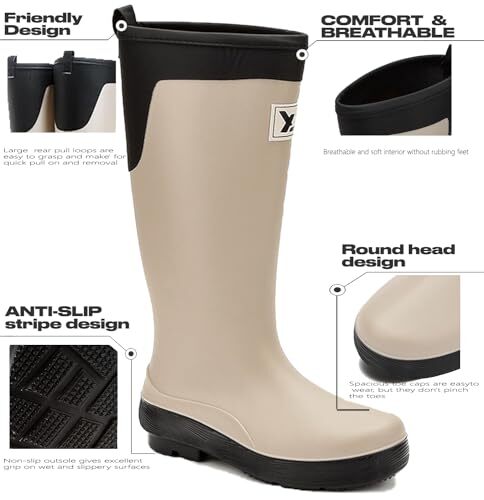 Rain Boots for Women and Waterproof Garden Shoes, Anti 7.5-8 Beige+black - Picture 3 of 7
