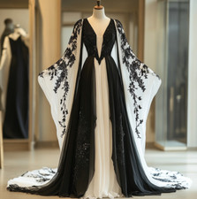 Vintage White and Black Long Sleeves Wedding Dresses Deep V Neck Bridal Gowns