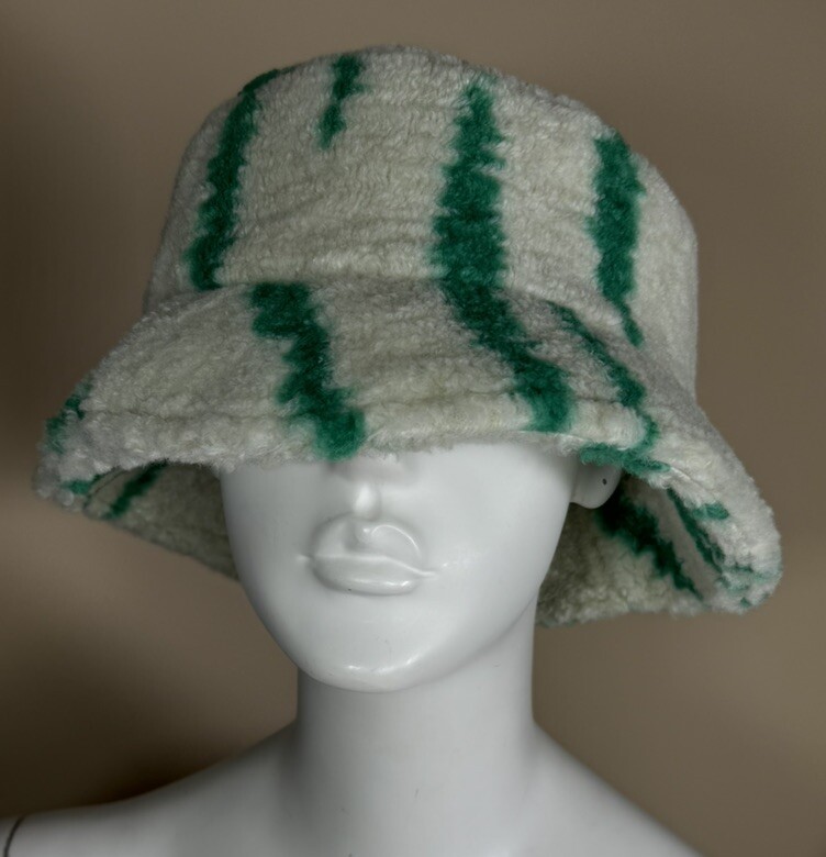 Free People Shaggy Sherpa Stripe Bucket Hat Ivory & Black One Size Free People White + Green Shaggy Sherpa Stripe Bucket Hat  main image 3