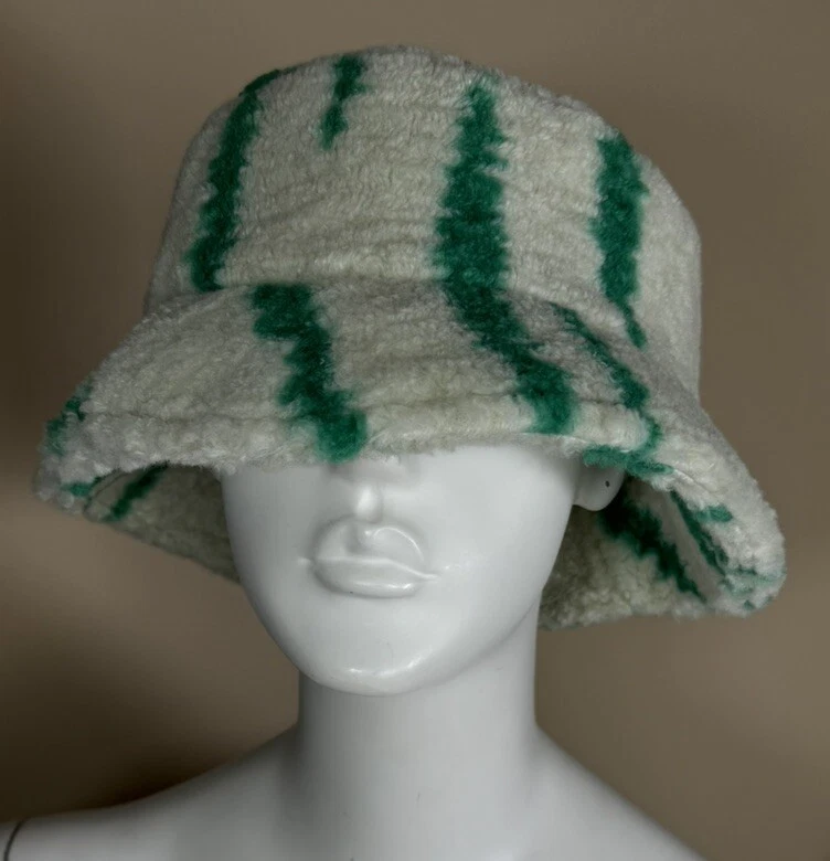 Free People White + Green Shaggy Sherpa Stripe Bucket Hat New Without Tags