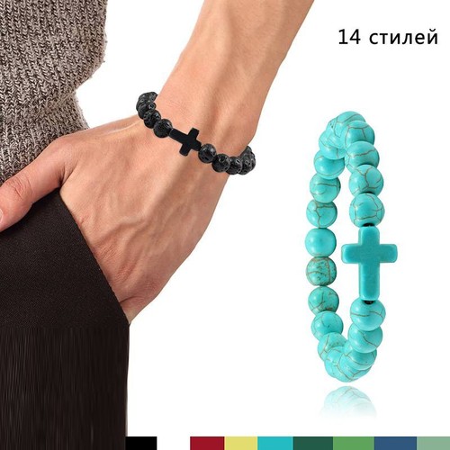 Black Matte Beaded Bracelets - Cross Charm Natural Stone Unisex Prayer Jewelry - Picture 5 of 21