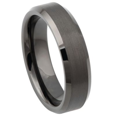 Tungsten Ring Unisex Gun Metal IP Plated Brushed Center High Polish Beveled  Edge