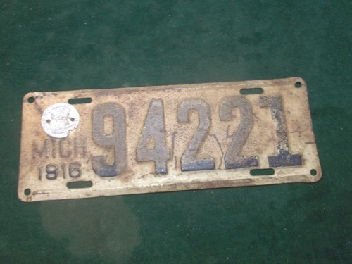 Vintage 1916 Michigan Automobile License Plate 94221- With Seal ~ GO167 - 第 1/3 張圖片