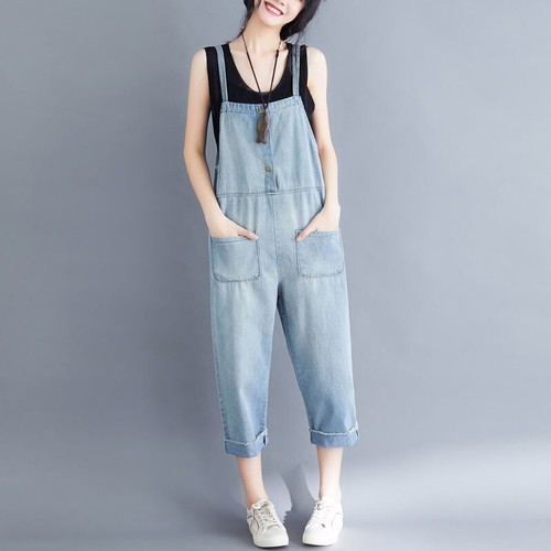 Chic Women Jeans Overalls Wide Leg Denim Bib Jumpsuits Pockets Loose Casual Blue - Picture 3 of 15