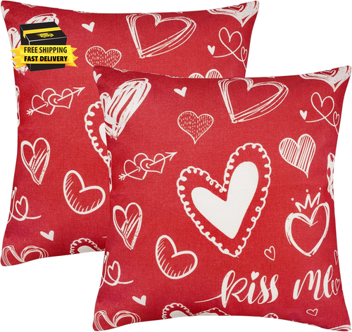 Valentines Day Throw Pillow Covers 18X18 Inch Set of 2, Red Heart Holiday Decora