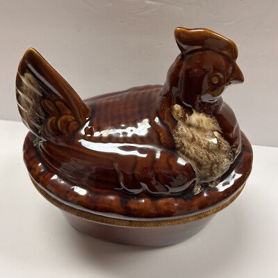 Hull Pottery Brown Drip Large Hen Chicken on Nest Casserole USA Vintage- MINT