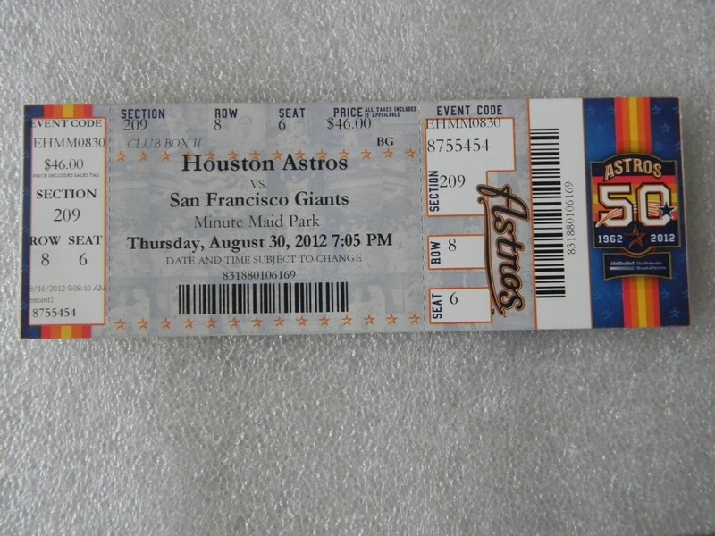 2012 MLB HOUSTON ASTROS TICKET STUB  ASTROS VS GIANTS AUG 30th 2012 EX - MAY225