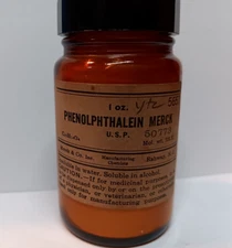 Vintage Pharmacy Phenolphthalein Label Collectible Medicine Bottle 3 5/8" Merck