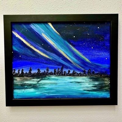 Original Northern Lights Acrylic Painting Framed Aurora Borealis Landscape