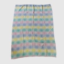 Vintage 100% Cotton Woven Baby Blanket Blue Yellow Pink Green Pastel Made in USA