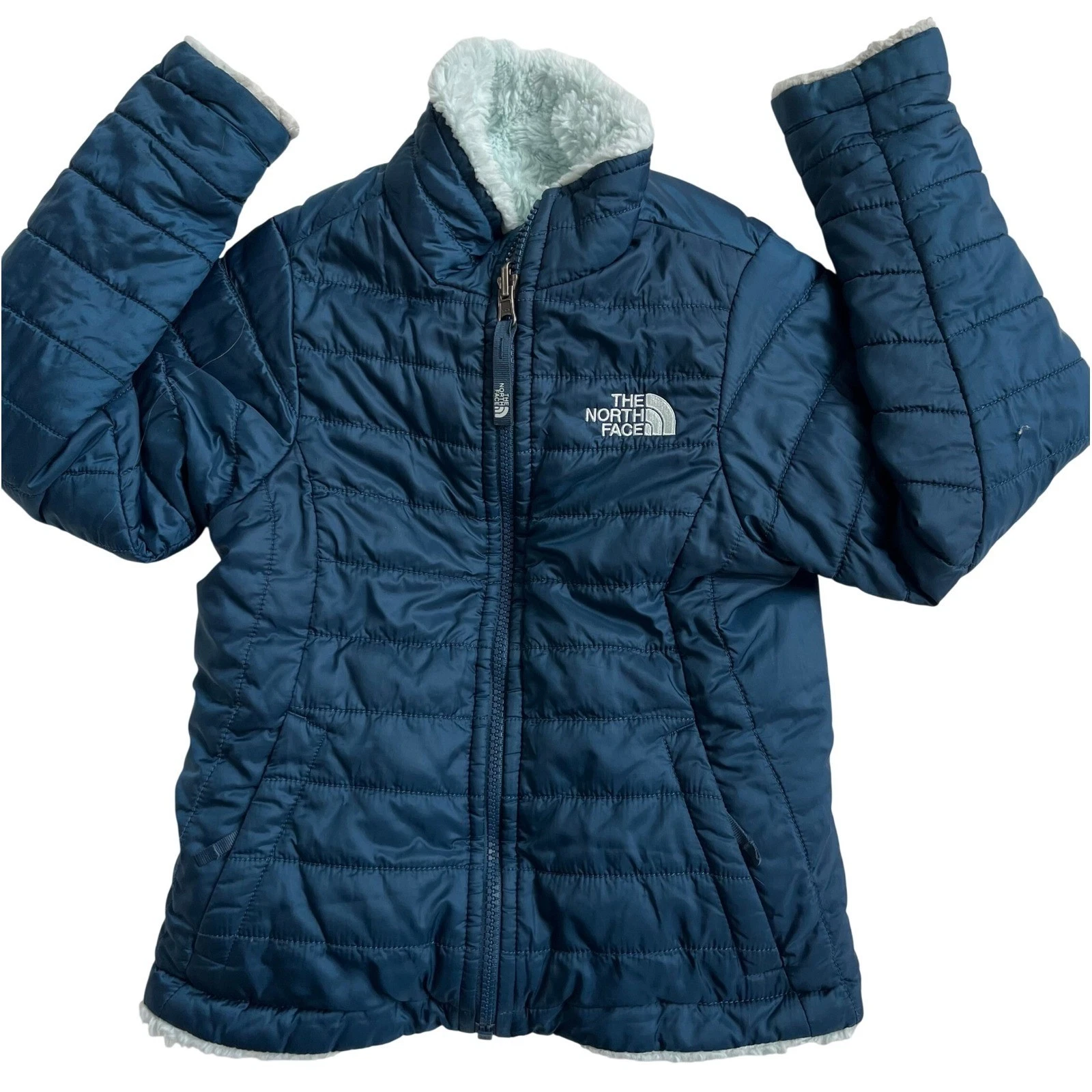 The North Face Kids Reversible Puffer Jacket Teal Blue Fleece Insulated Warm XS