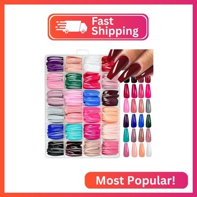 576Pcs Long Press on Nails Coffin Fake Nails Solid Color False Nails Full Cover