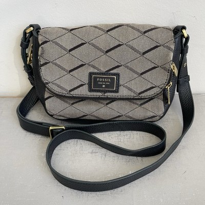 Vintage Fossil Preston Flap Crossbody Bag Purse Black Leather Jacquard Canvas
