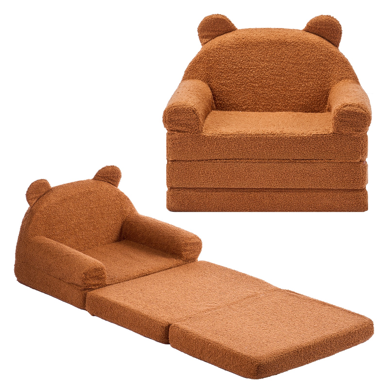 Uimoso 2-in-1 Foldable Kids Sofa with Bear Design and Armrests, Brown