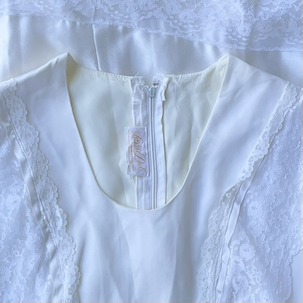 Vintage LORRIE DEB Satin Lace Trim Dress Size S Kimono Sleeve Prairie Tea Party