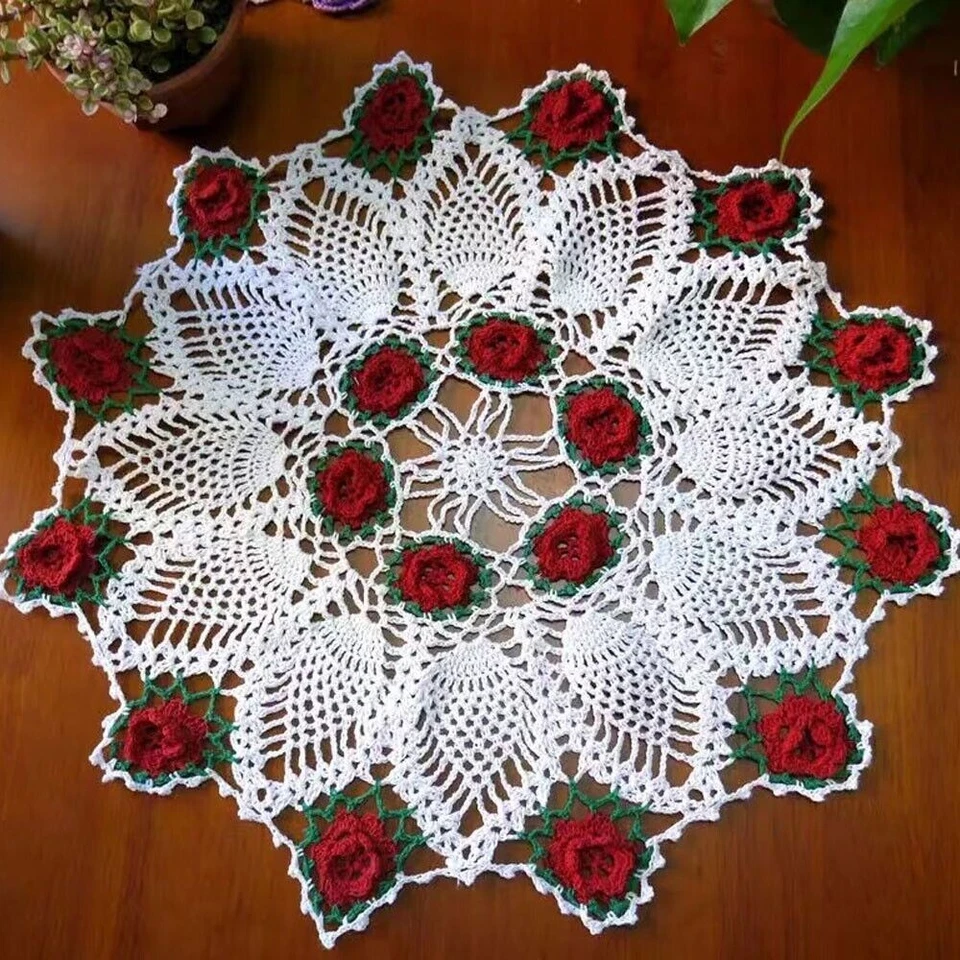 17" Red Vintage Hand Crochet Lace Doily Round Table Topper Mat Flower Tablecloth - Image 2 of 4