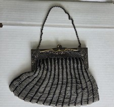 Antique 1920's Art Deco Beaded Evening Bag Silver Black Metal Frame Formal Women