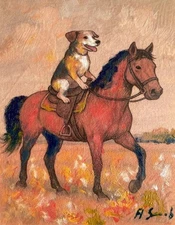 Funny Dog on Horse Artwork – Original Mixed Media Animal Painting