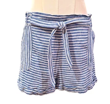 Jolt Blue White Striped Linen Blend Paperbag Shorts Tie Waist Size Large