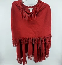 COLDWATER CREEK Poncho OS Fringed Wrap Shawl Open Front Cardigan Cape Red