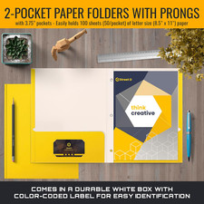 Yellow Paper 2 Pocket Folders with Prongs, 50 Pack, Matte Texture, Letter Siz...