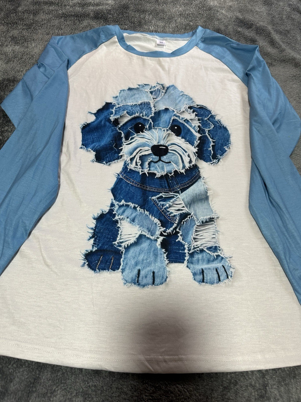 Dog Pattern Denim Patchwork Art T-Shirt Size M - image 4