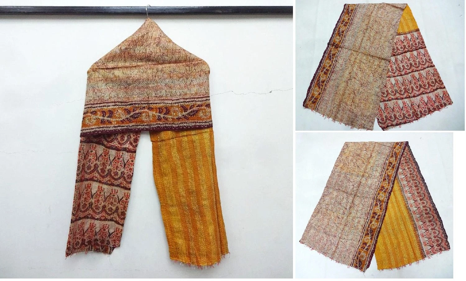 Silk Kantha Scarf Head Wrap Stole Dupatta Hand Quilted Women Bandanas headband
