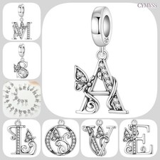 925 Sterling Silver A-Z Letter Butterfly Charm Pendant Fit Bracelet Necklace CZ