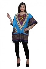 African Dashiki Cotton Wax Print Multicolored Top One Size Fit Most Blue multico