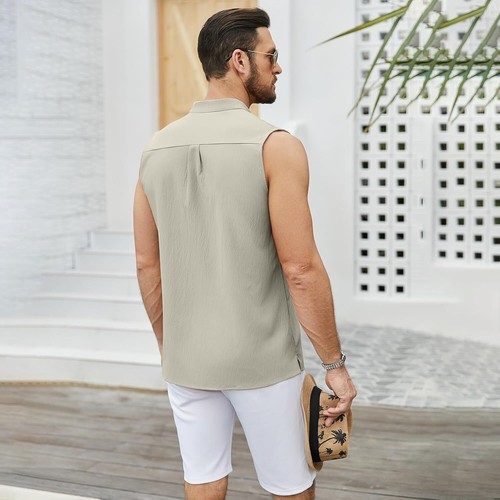 Mens Sleeveless Beach Shirt Summer Casual Henley Tank Top Lightweight Breathable - Picture 3 of 22